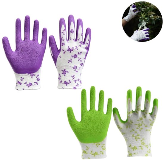 Paarse en groene tuinhandschoenen met bloemenpatroon