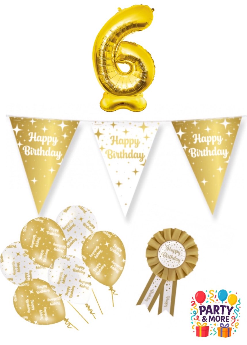 Party & More - 6 jaar - verjaardag versiering - ballonnen - slinger - cijferballon - Luxe Gouden Feestdecoratie Set – Compleet Pakket – versiering - verjaardag