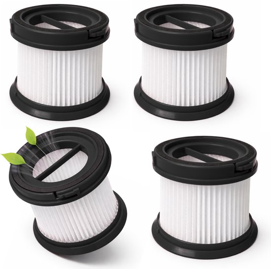 Vier witte cilindrische HEPA-filters met zwart plastic bovenframe. Twee filters met groene blaadjes die uit de bovenkant komen.