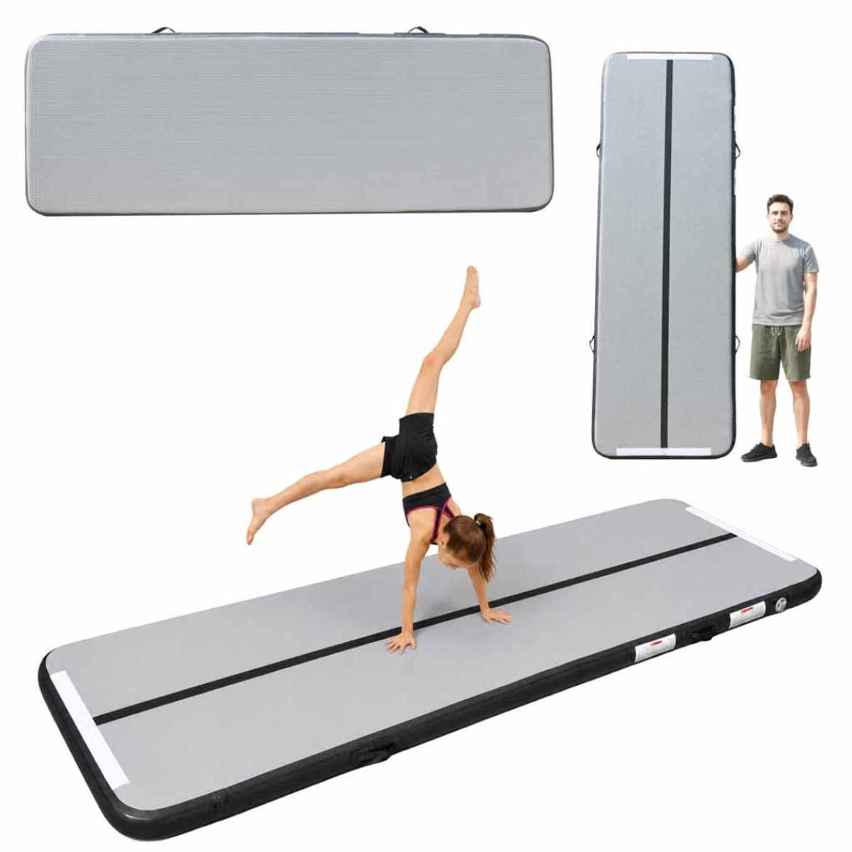 MOZY® - Opblaasbare Turnmat - Grijs - 300 x 100 cm - met Handvatten - in Draagtas - Inclusief Luchtpomp en Reparatieset - Combineren van Matten - PVC - Sportmat