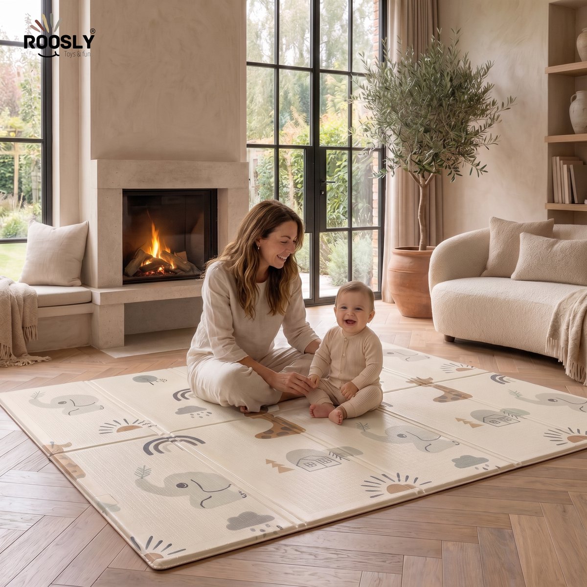 Roosly Speelmat Baby - Speelkleed Baby - Foam mat XPE 180 x 200 cm Dubbelzijdig en opvouwbare - Inclusief Opbergtas - babygym - kruipmat - playmat - speelgoed - Veilig & Zacht - model Safari – foto 7