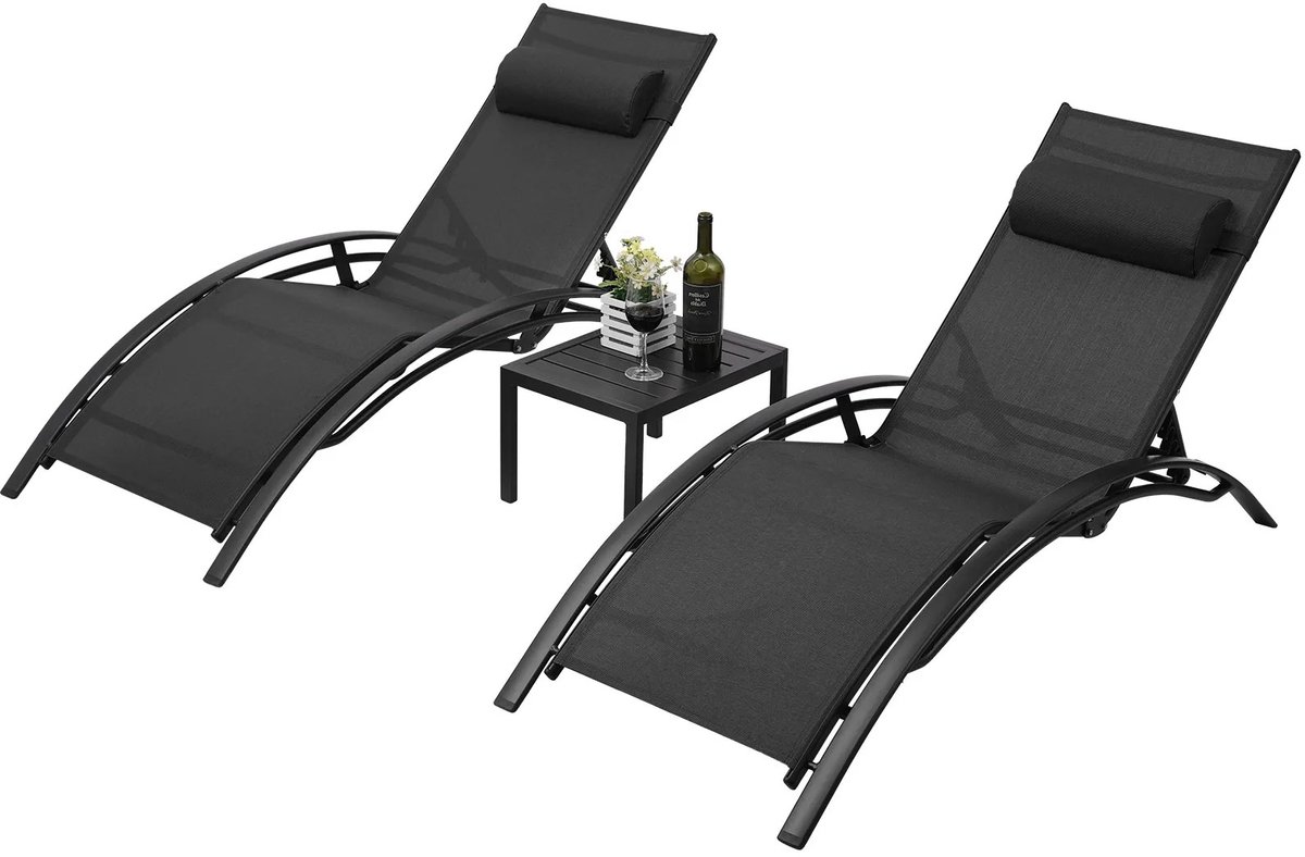 Brandistry - Aluminium Lounge Stoel - Ligstoelen - Tuinstoelen - Ligstoelen + Bijzettafel - Loungeset - 3 Delige Set - Zwart