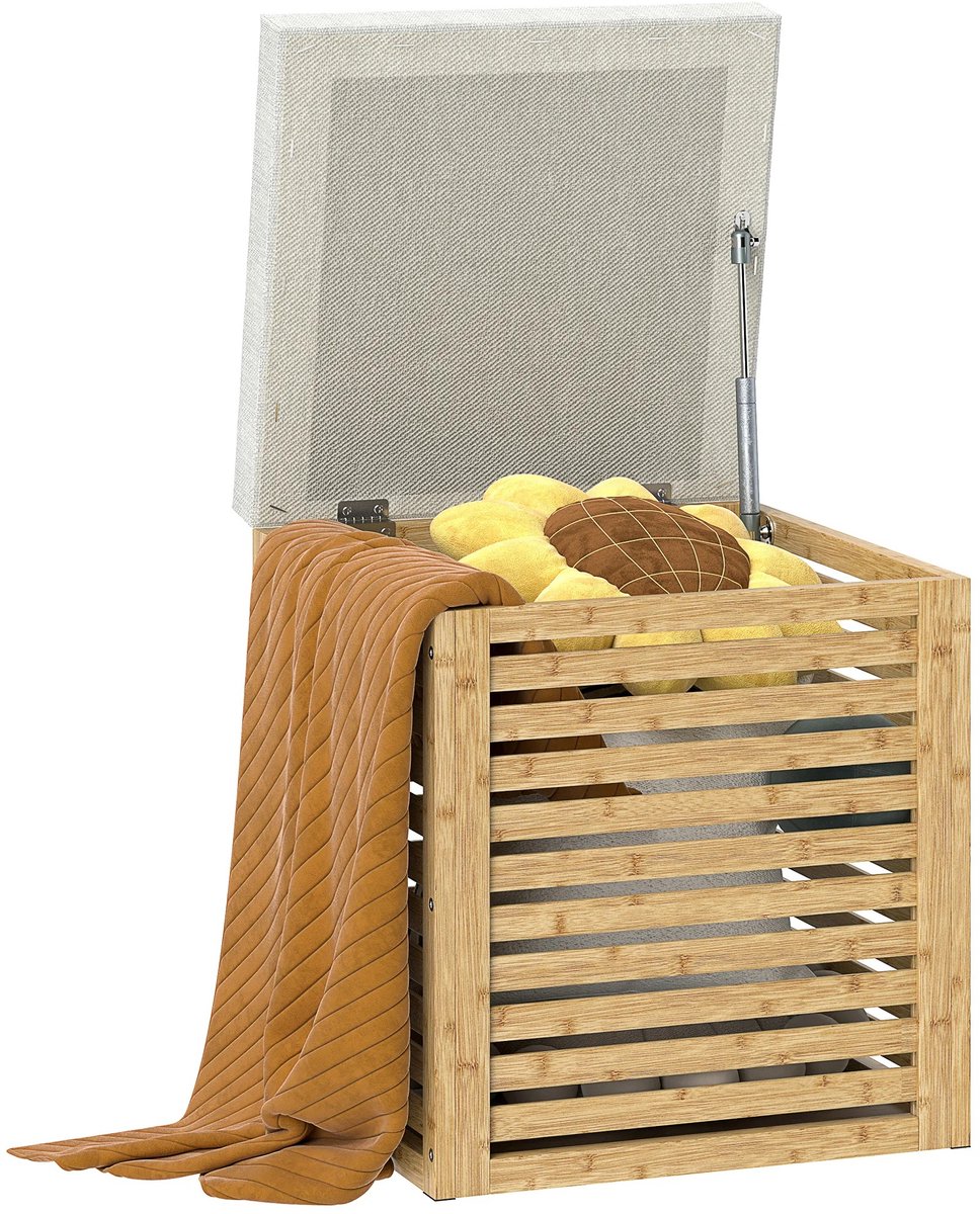 Archi Opbergkist - Hocker met Zitkussen – 54,7L – Bamboe – Opbergbank & Kruk – 40 x 40 x 47 cm – Grijs/Naturel - Tot 120 Kg