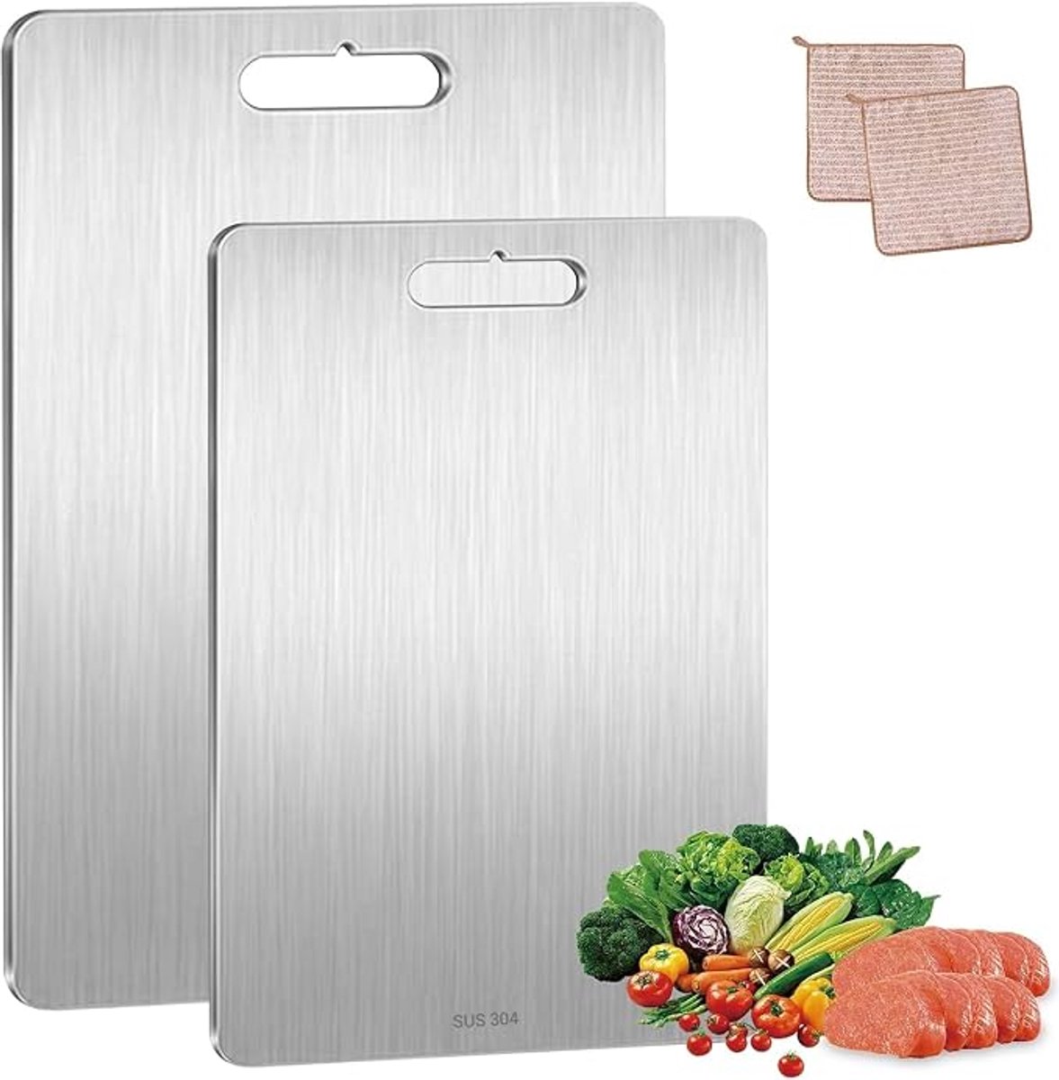 2 Stuks RVS Snijplanken 34 x 23 cm, Dubbelzijdig, Hygiënisch en Vaatwasserbestendig, voor Vlees, Groenten, Brood en Fruit