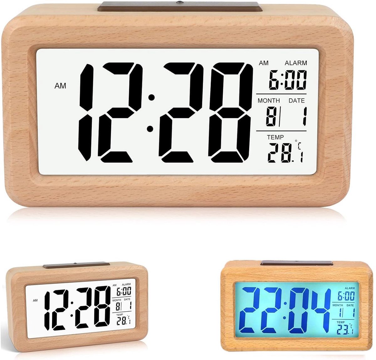 Houten Digitale Wekker met Groot Display, Sensormodules, Temperatuur en Datum, KZQ Verstelbare Nachtlampje en Sluimerfunctie, Zonder Tikgeluid voor Slaapkamer en Kantoor