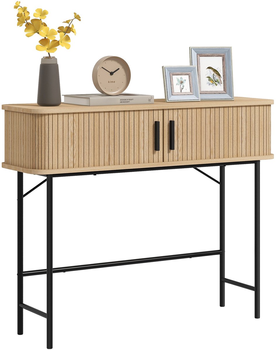 Consolemeubel - consoletafel met schuifdeuren met latten en stalen poten - voor de woonkamer - eiken en zwart
