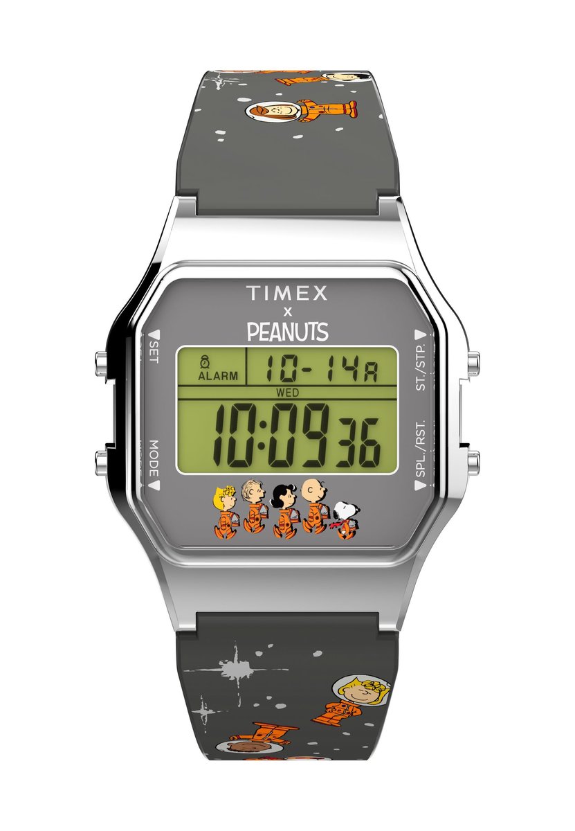Timex Peanuts T80 - Space Quartz Chronograaf Horloge Zwart En Zilverkleurig Kast Gemaakt Van 100% Loodarm Messing En Een Armband Van 100% Hars 34 TW2W90100AJ