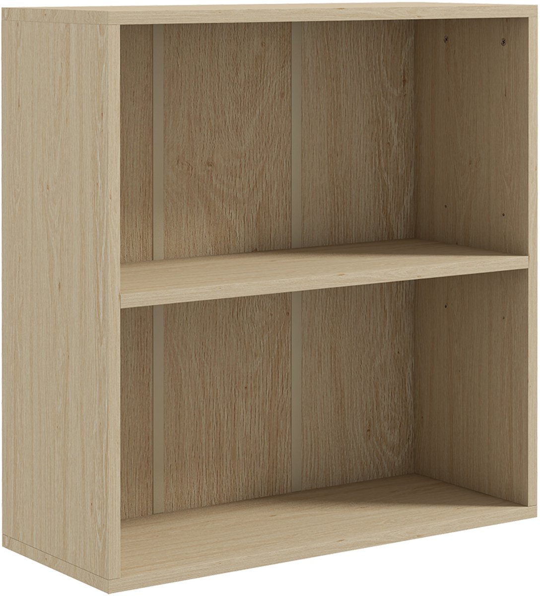 Boekenkast met 2 planken - lage boekenkast met verstelbare plank - 2 vakken voor thuiskantoor - woonkamer - studeerkamer - naturel