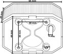 Afmetingen van een oranje Aspock Flexipoint LED verlichtingseenheid: 65 mm breed, 28 mm hoog, 44 mm diep.