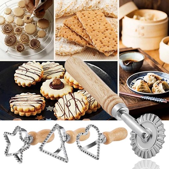 Deegwiel Hulpmiddel - Pastamaker Wiel - Zelf Pasta Maken - Houten Handvat - Set van 4 - Zilver en Hout — afbeelding 5