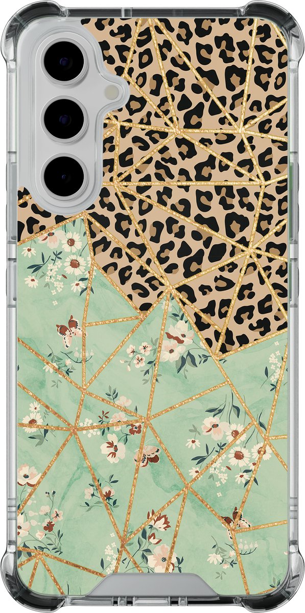 Shockproof hoesje - Geschikt voor Samsung Galaxy A55 - Luipaard bloemen print - Extra sterke case - TPU/polycarbonaat - - Multi, Transparant