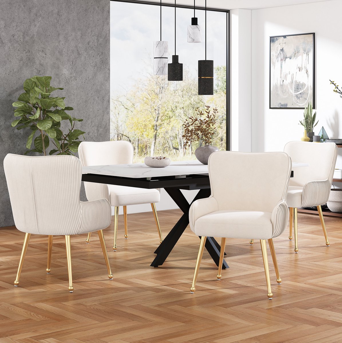 Wishdor Eetkamerstoel - Set van 4 - Met armleuningen en lendensteun - Verstelbare poten - Design stijl - Eetkamer woonkamer slaapkamer - Velvet en metaal - Beige goud - 57 x 53 x 83 cm