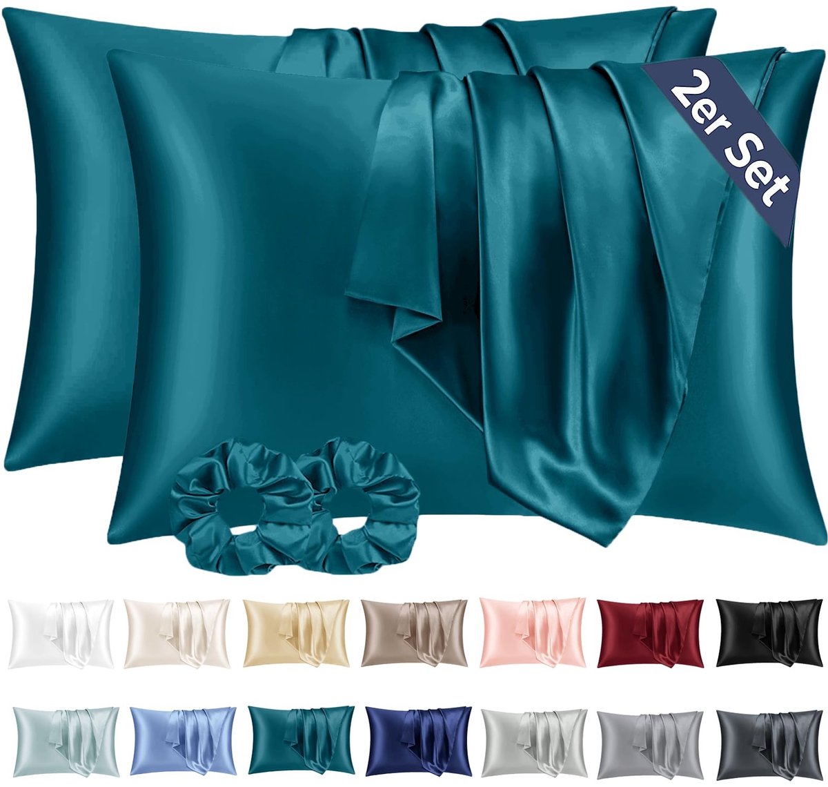 Elzusha - Set van 2 Satin Kussenslopen 40x70 Turquoise met Haarbanden