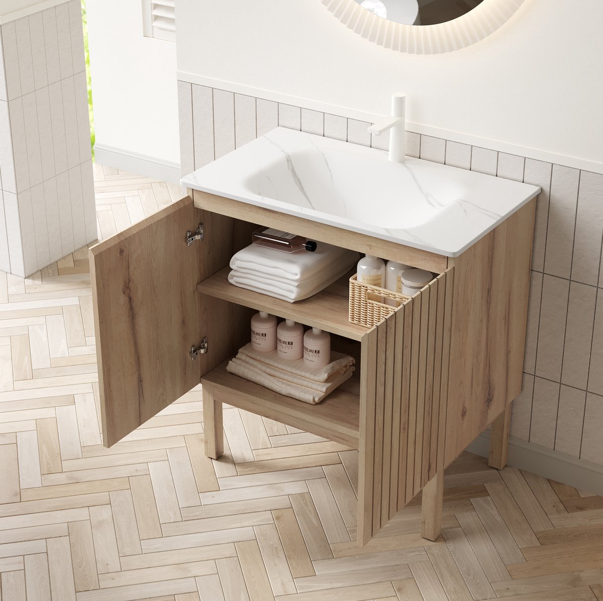 STILVORA Badkamermeubel - Vrijstaand Met Geintegreerde Waskom - Zacht Sluitende Deuren Voor Badkamer - Spaanplaat - Wit;Wit Eiken - 80,5x46,5x86,5 cm