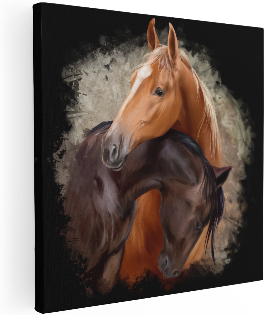 Artaza Canvas Schilderij Twee Getekende Knuffelende Paarden - Abstract - 100x100 cm - Groot - Wanddecoratie Woonkamer - Schilderijen - Muurdecoratie