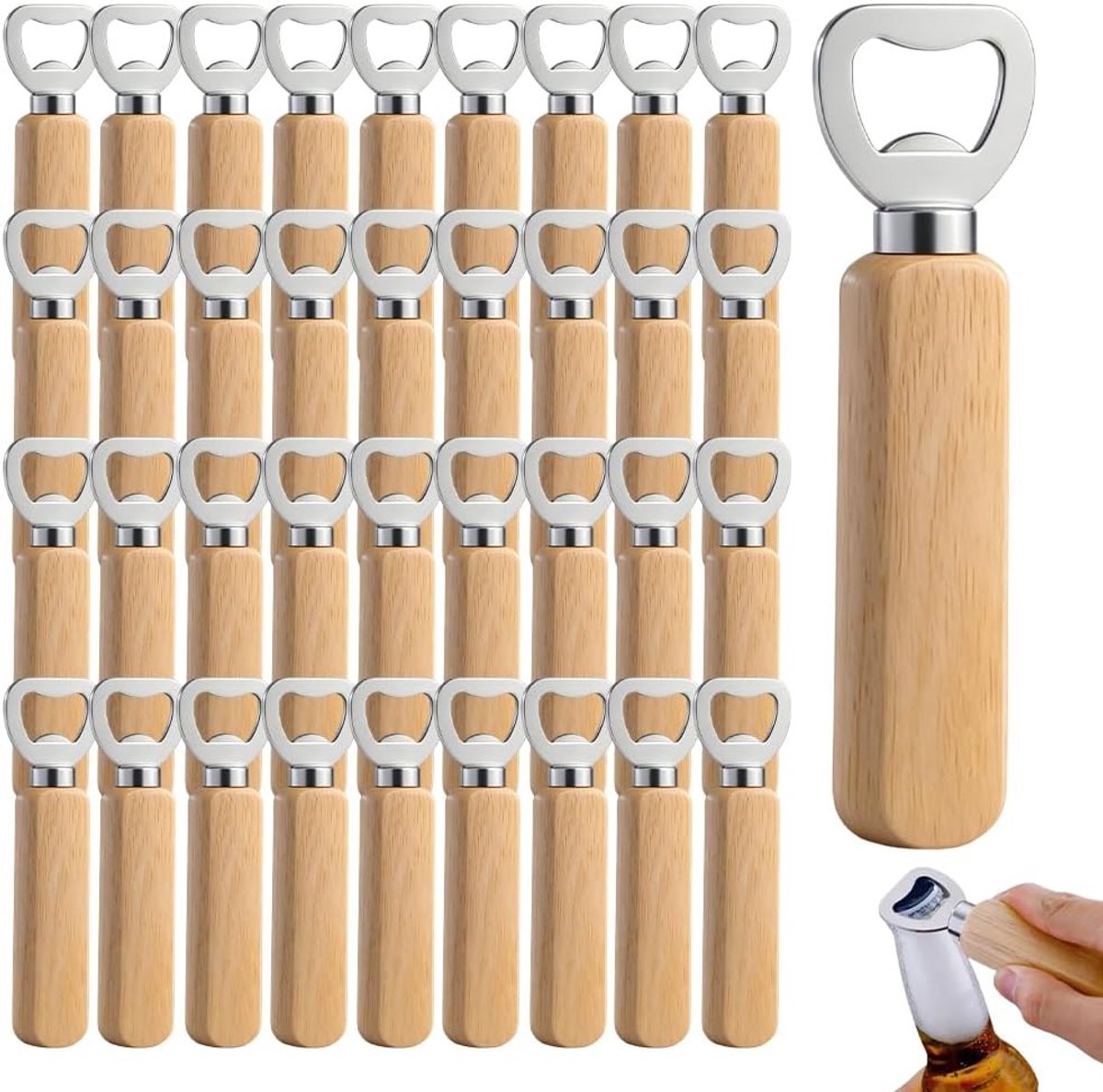 Houten flesopeners set van 40 stuks, kroonkurkopener met handvat, ideaal voor thuis, keuken en bar, perfect voor feesten en evenementen