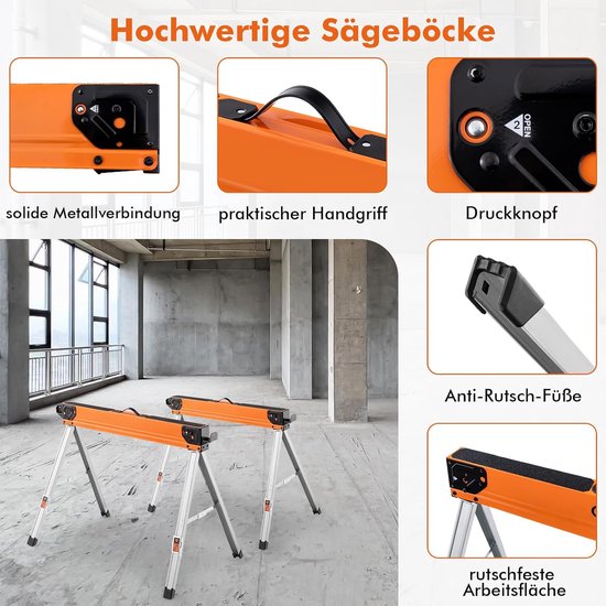 COSTWAY Set van 2 zaagblokken, inklapbaar, draagbare werkbokken, tot 500 kg belastbaar, zaagbok met handgreep, robuuste metalen zaaghulpen, steiger voor houtbewerking — afbeelding 2