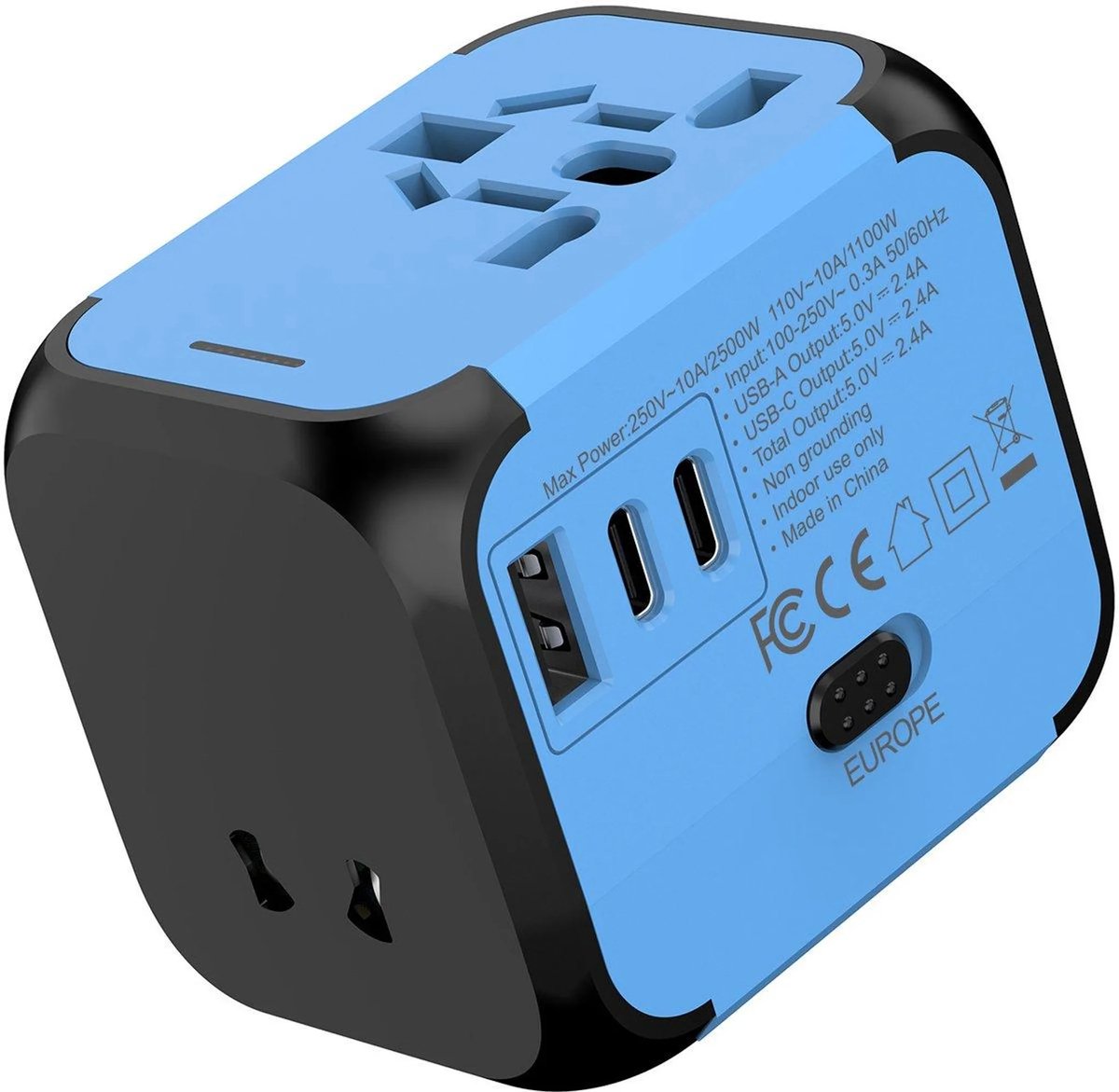 casalora - Wereldstekker - Met 2 Type-C en 1USB-A Poort - Reisstekker - Internationale Reisstekker voor 150+ landen - Wereldstekker universeel - Blauw