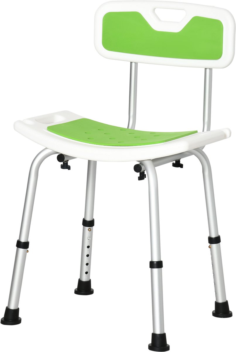 Douchekruk, douchestoel voor ouderen en gehandicapten, met rugleuning, gebogen zitting, in hoogte verstelbaar, antislip pads en douchekophouder, aluminium, groen