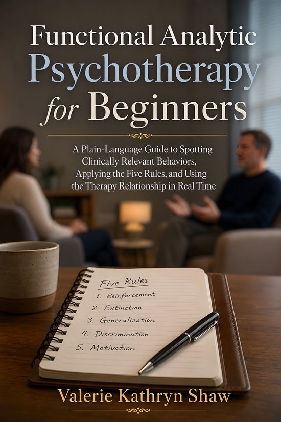 Boek "Functional Analytic Psychotherapy for Beginners" met de "Vijf Regels" opgeschreven in een notitieboekje.