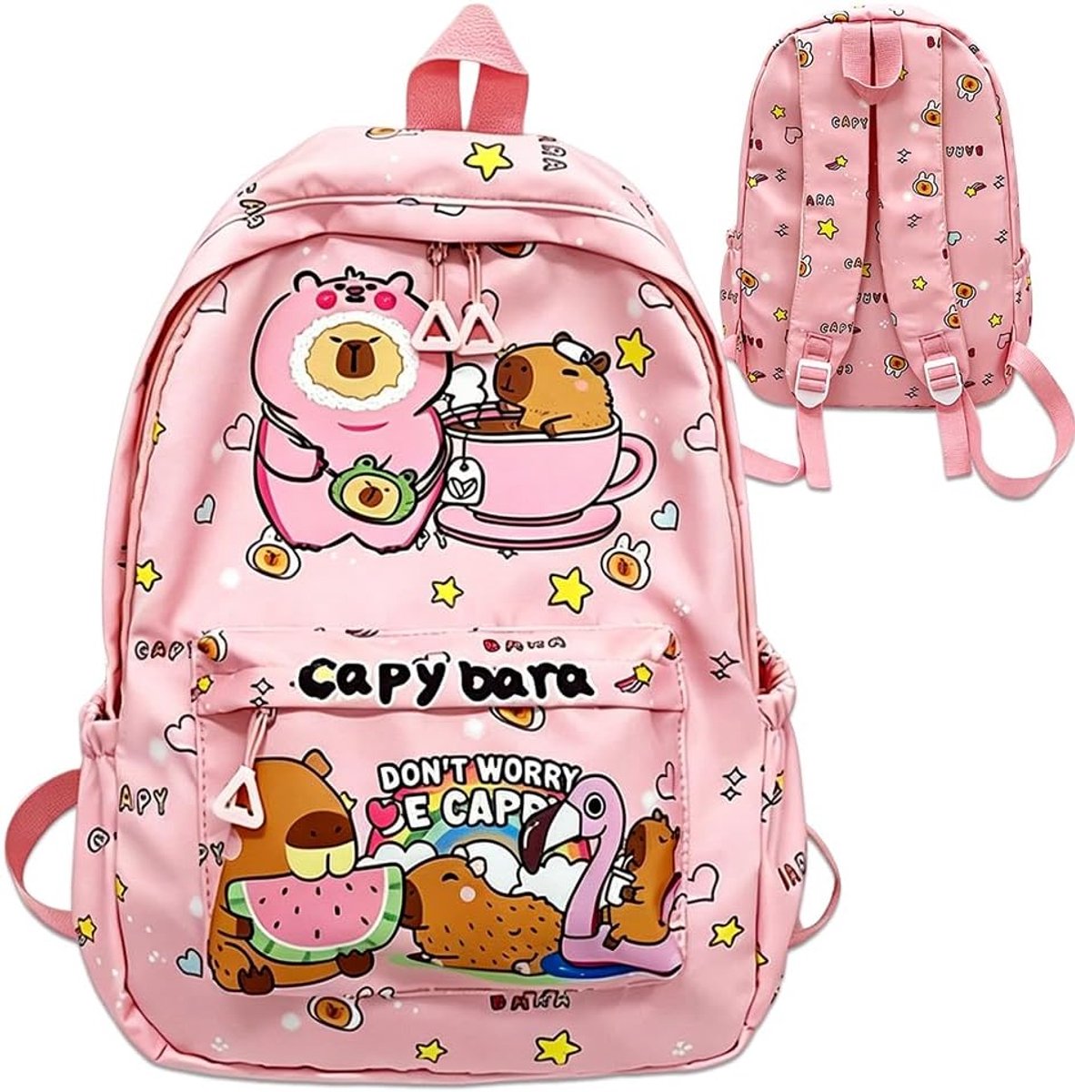 KZQ Kinderrugzak - Capybara Ontwerp - 30x15x42 cm - Waterdicht Polyester - Verstelbare Schouderbanden - Met Schrijfset - Voor School & Reizen - Roze