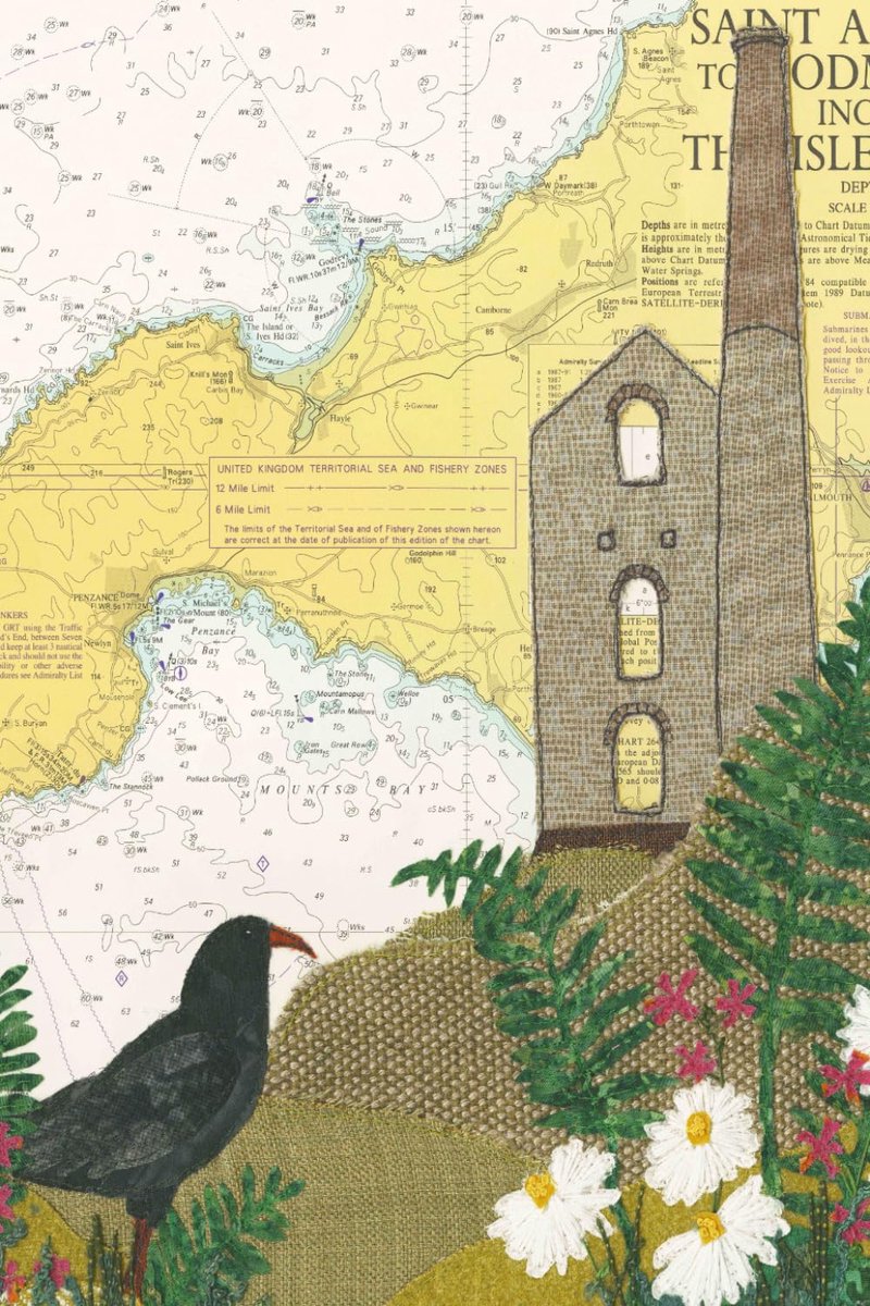 Cornish Tin Mine A6 pocket notebook journal - coastal nautical designs sewn onto old sea charts maps - 120 lined pages - ShopVlot