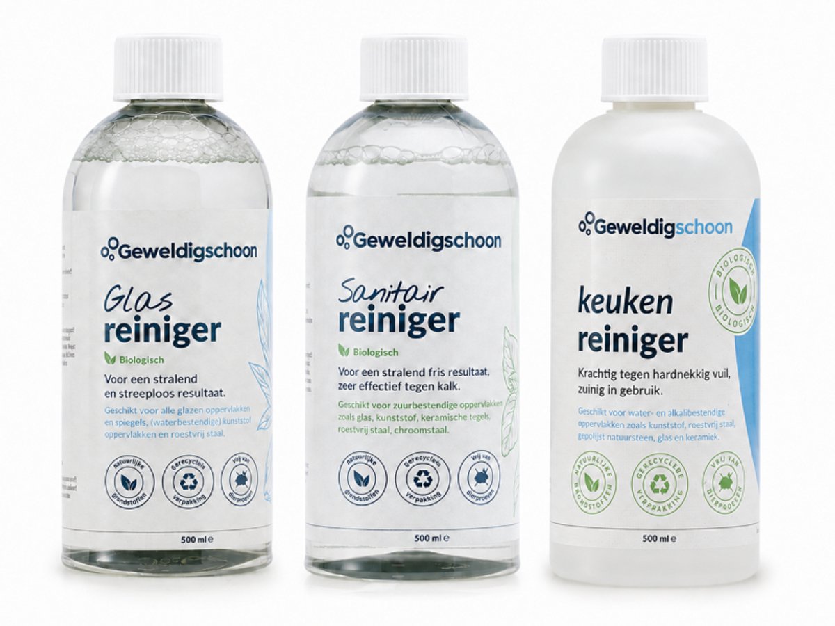Geweldigschoon Schoonmaakset - 3 Reinigers - Sanitairreiniger, keukenreiniger en glasreiniger