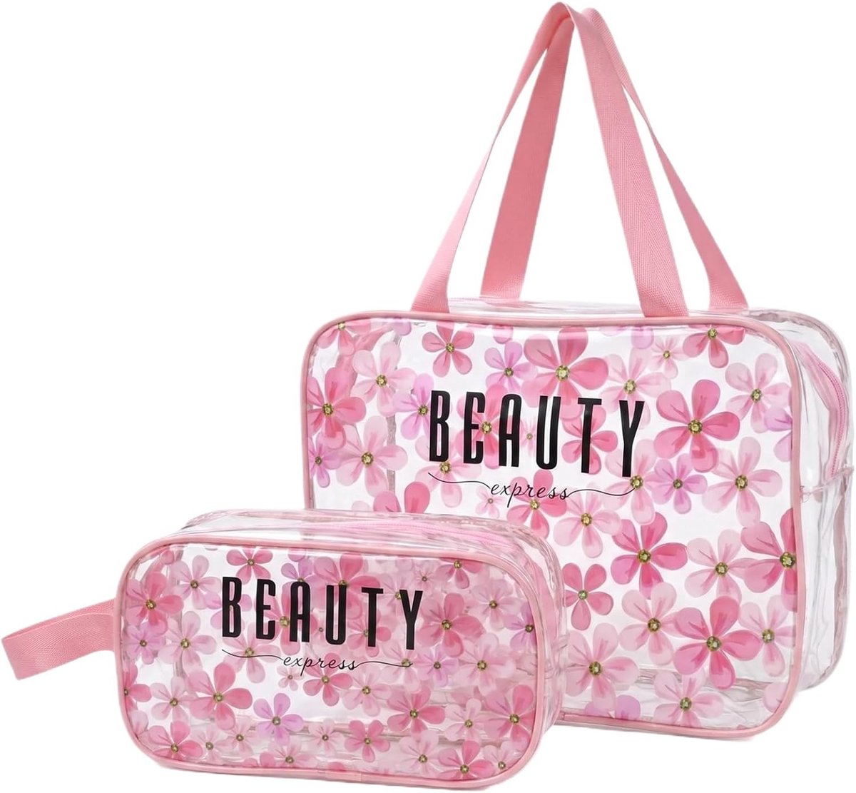 Transparante Toilettas Set - Roze - Groot 31 x 21 x 12 cm en Klein 21,5 x 12 x 8 cm - Waterdicht PVC - Voor Dames