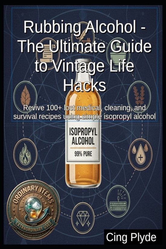 Boekomslag over vintage hacks met ontsmettingsalcohol, getoond met een fles 99% isopropylalcohol en iconen.