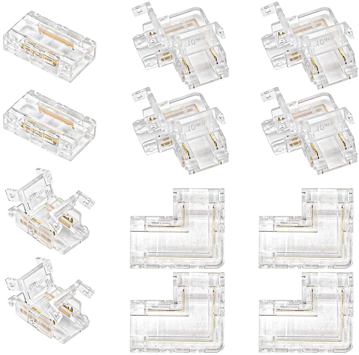 Set van 12 LED Strip Connectoren, 4 Pin 8 mm Hoekconnectoren en T-Vormige Kabelconnectoren voor Eenvoudig Solderen, Transparante RJ11 Plug Clips voor RGB Stripverlichting, Inclusief 8 L-Vormige en 4 T-Vormige Connectoren