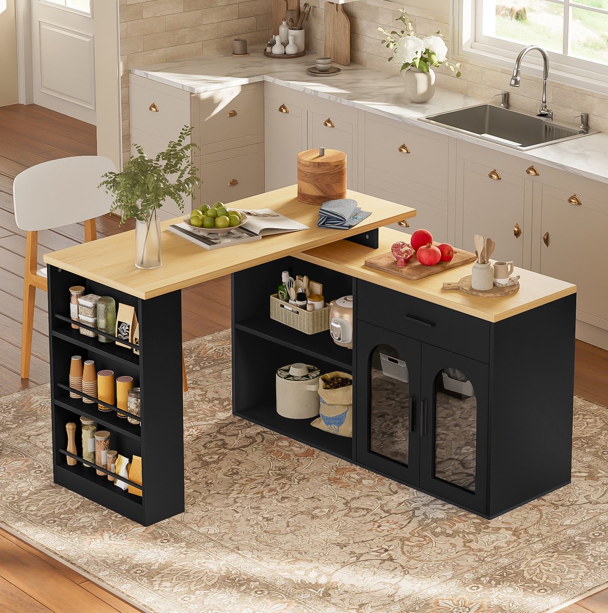 Keukeneiland Met 360° Draaibare Tafel - Opbergkast Met Lade En Planken - Modern Voor Keuken En Eetkamer - Zwart En Naturel - 136x50x78 Cm