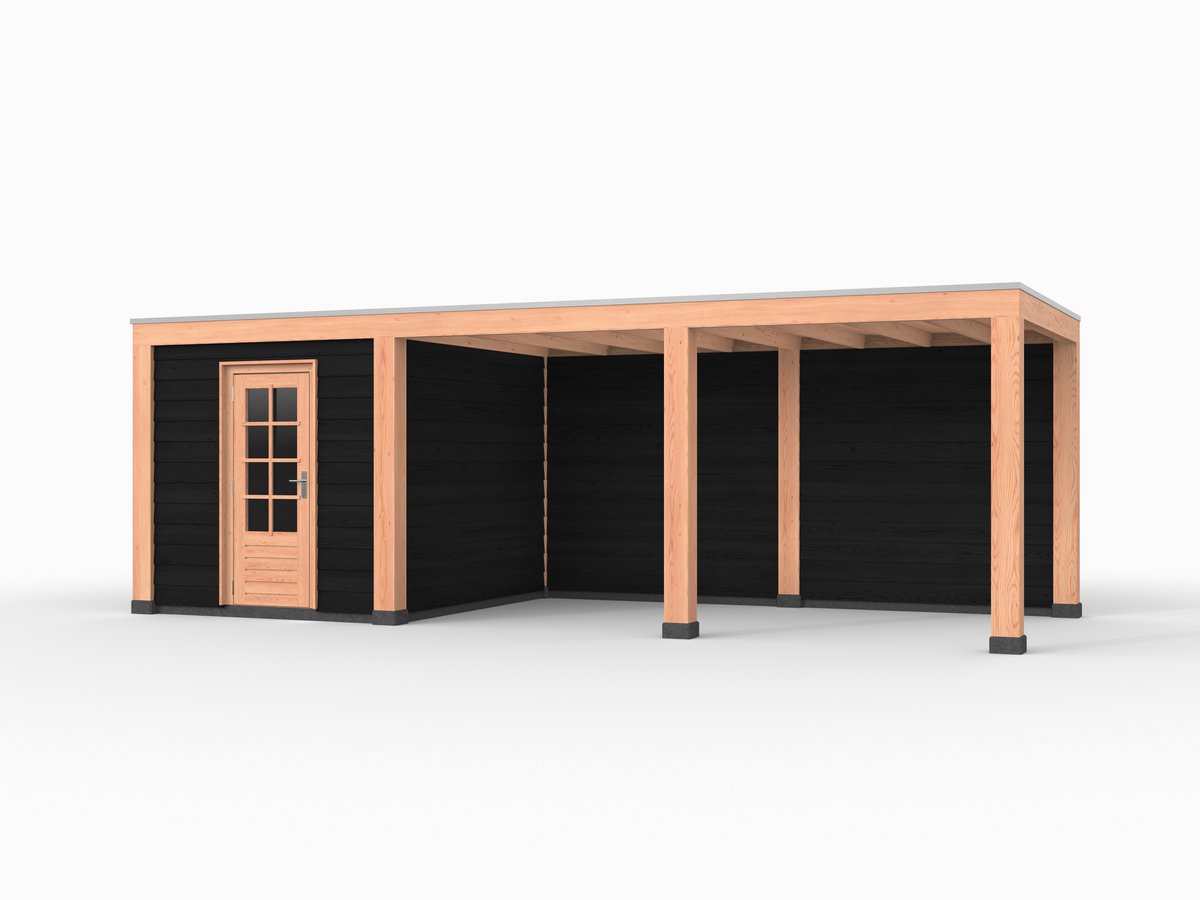 Douglas overkapping, 750 x 300, met achterwand en schuur, Westwood Modern Basic zwart