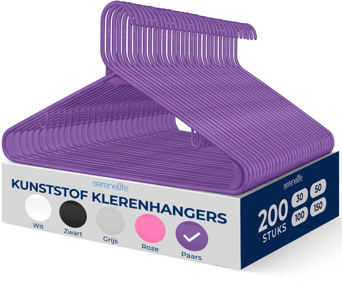 Elzusha - Set van 200 Paarse Plastic Kledinghangers met Antislip