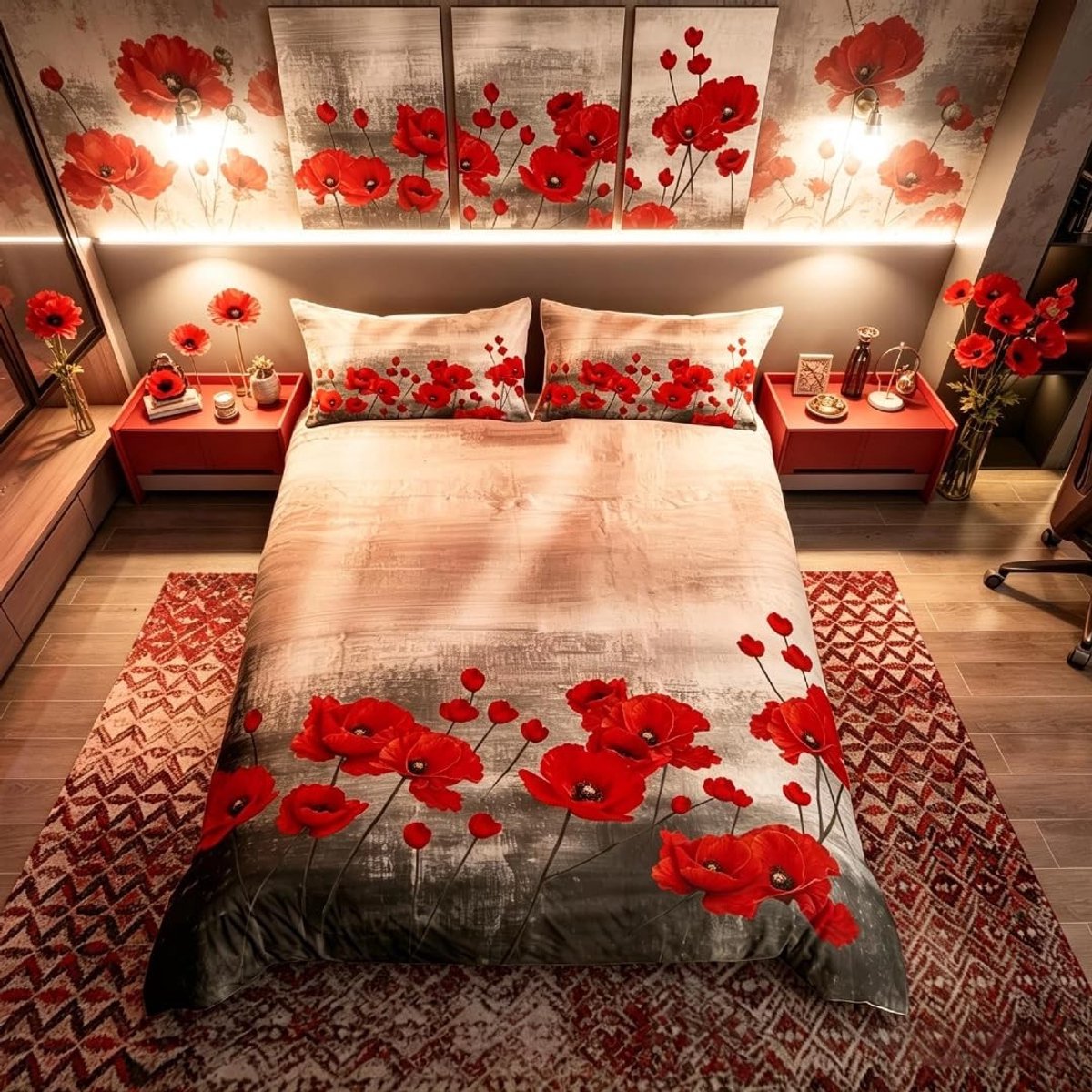 Elzusha - Watercolor Floral Duvet Cover Set in Grijs en Rood