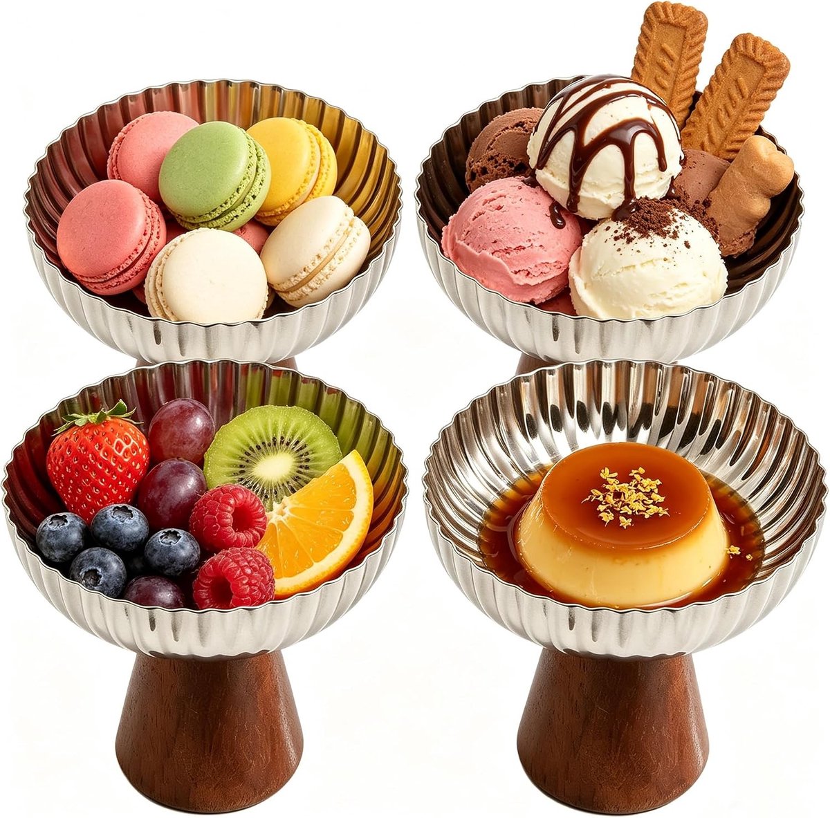 Set van 4 RVS IJsroomkommen - 10 cm Diameter - 200 ml Dessertkommen voor IJs, Cocktails en Pudding met Houten Ondergrond