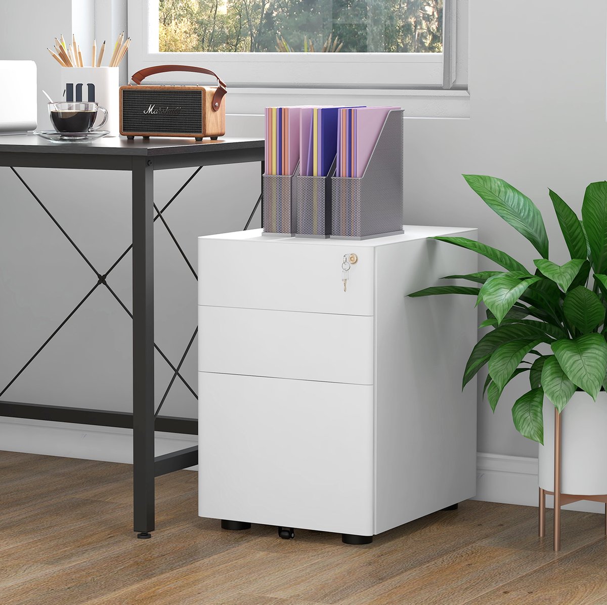 REDOM - Rollcontainer - 3 lades - Met slot - 4 zwenkwielen - Koudgewalst staal - Voor kantoor en thuis - Wit - 39 x 48 x 59 cm