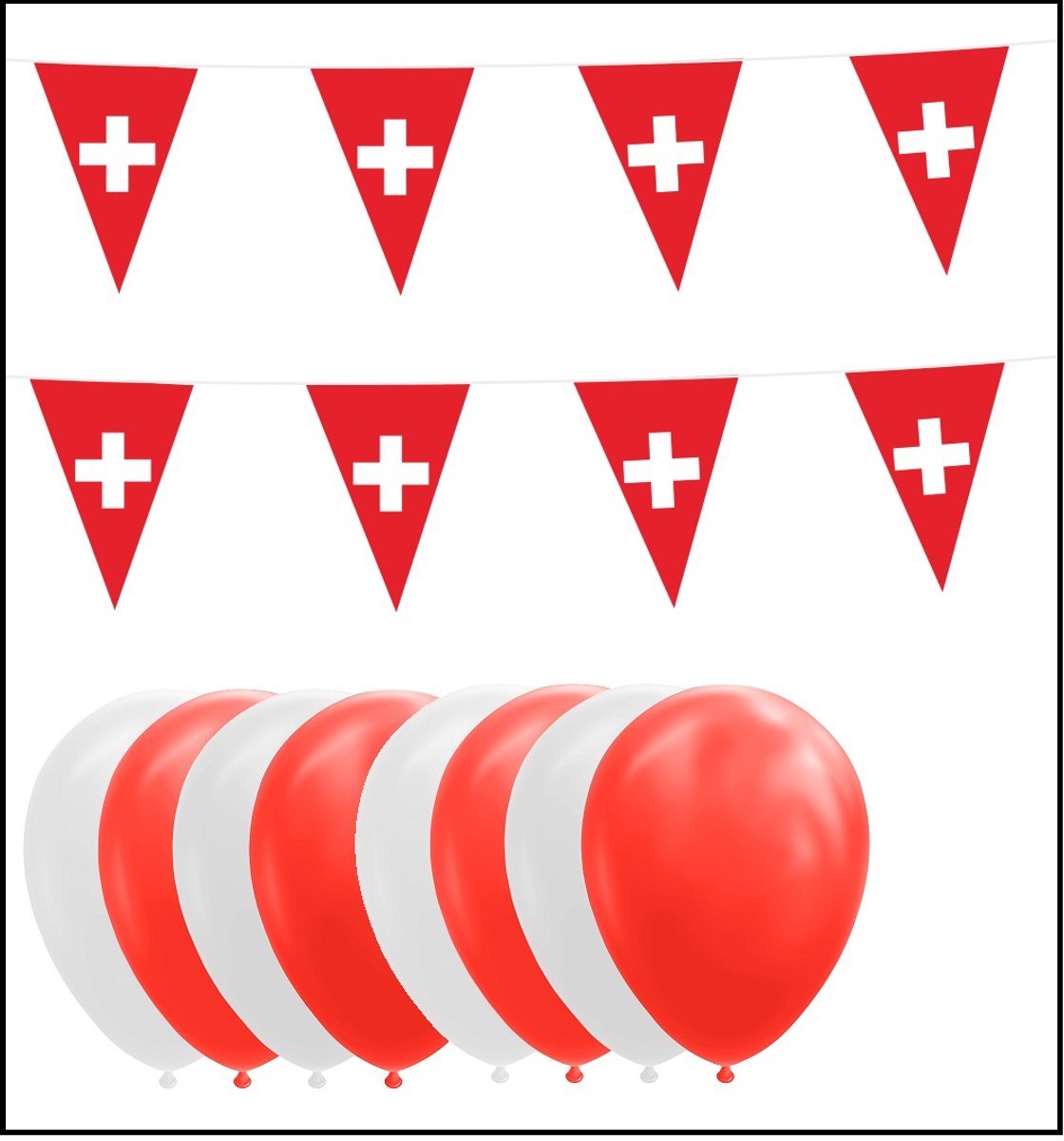 Zwitserland feestpakket- 2x Vlaggenlijn 10 meter + 20 ballonnen rood/wit - Versiering Slinger Feestdecoratie Decoratie