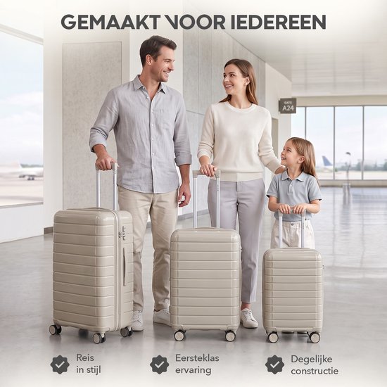 Familie met drie koffers in beige op reis in een luchthaven, met de tekst 'Gemaakt voor Iedereen'.