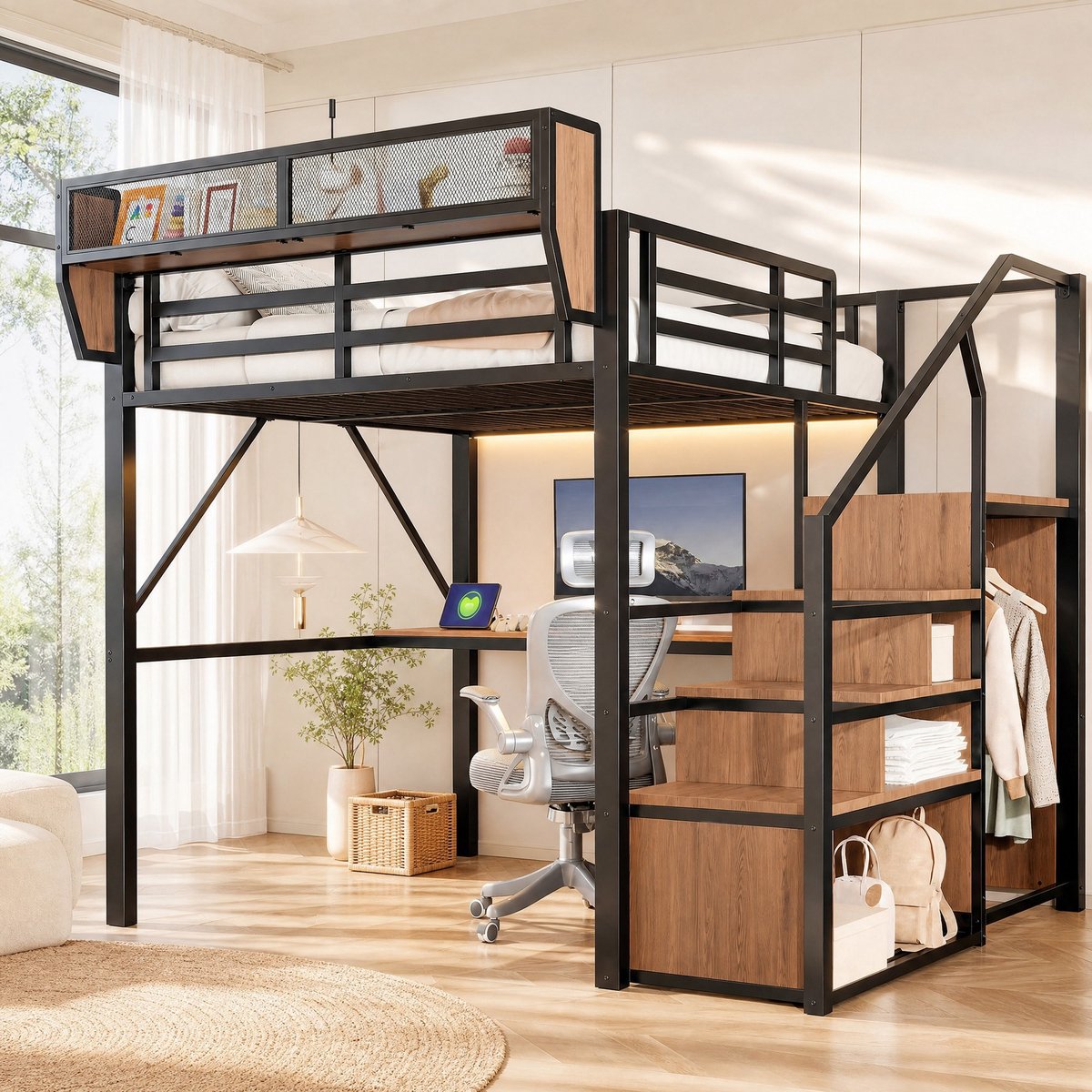 COVREO Hoogslaper 140 x 200 cm zwart, metaal en MDF, met bureau en LED