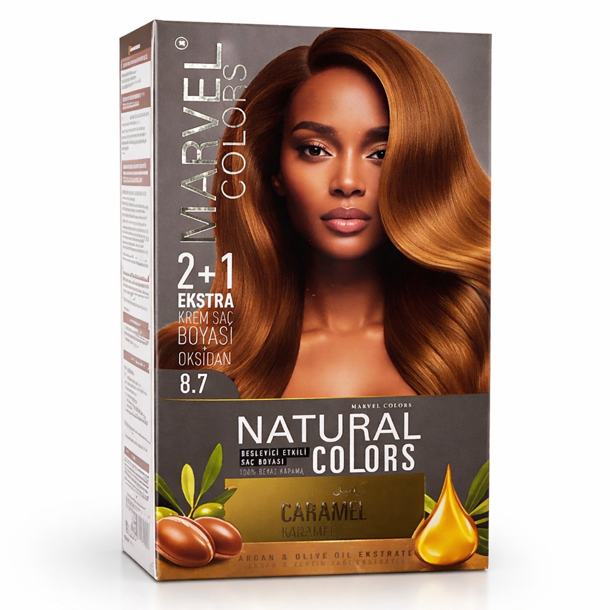 Marvel Natural Colors 8.7 Caramel Permanente Crème Haarverf 2+1 Set – Met Arganolie & Olijfolie-extract – Intense, Glanzende en Langdurige Kleur – 100% Grijsdekking