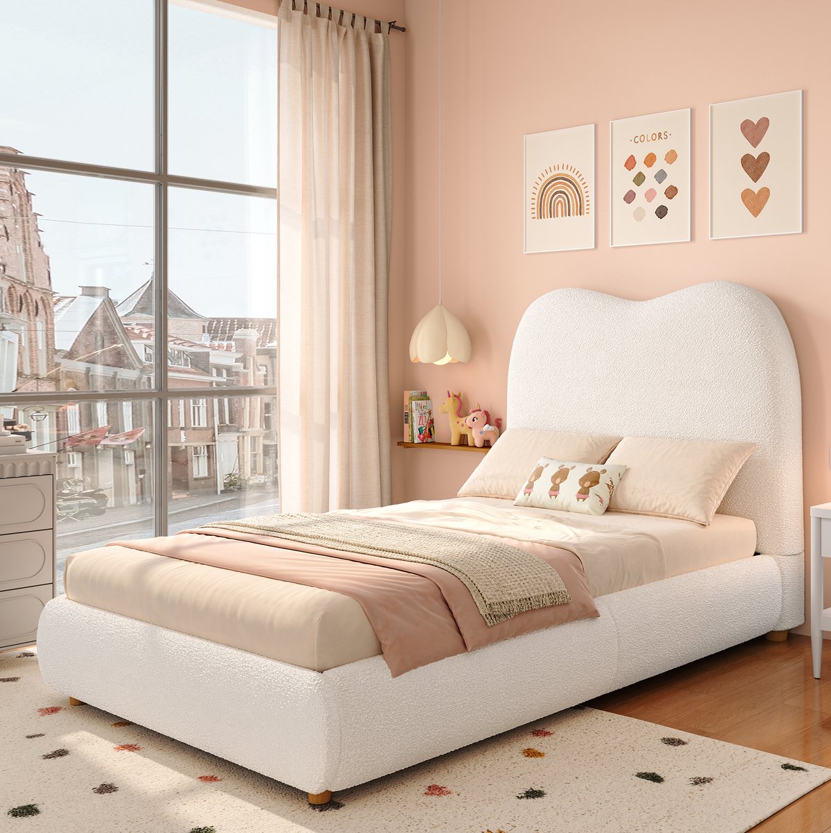 Wishdor Kinderbed 90x200 cm - Hydraulische opbergruimte - Hoofdbord en lattenbodem - Gestoffeerd bouclé - Beige - 215 x 101 x 98 cm