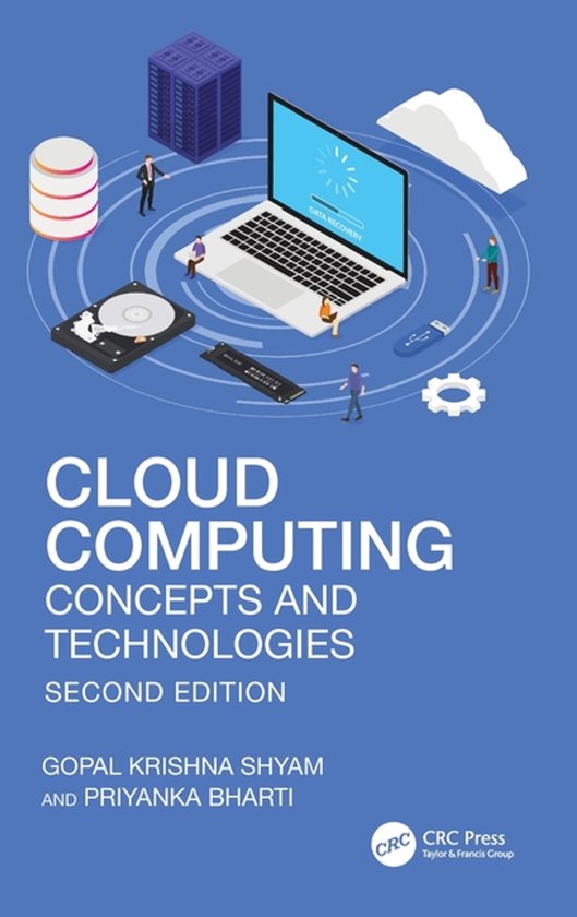 Boekomslag van "Cloud Computing: Concepts and Technologies, Second Edition". Illustratie met laptop, servers, harde schijf en cloud-icoon.