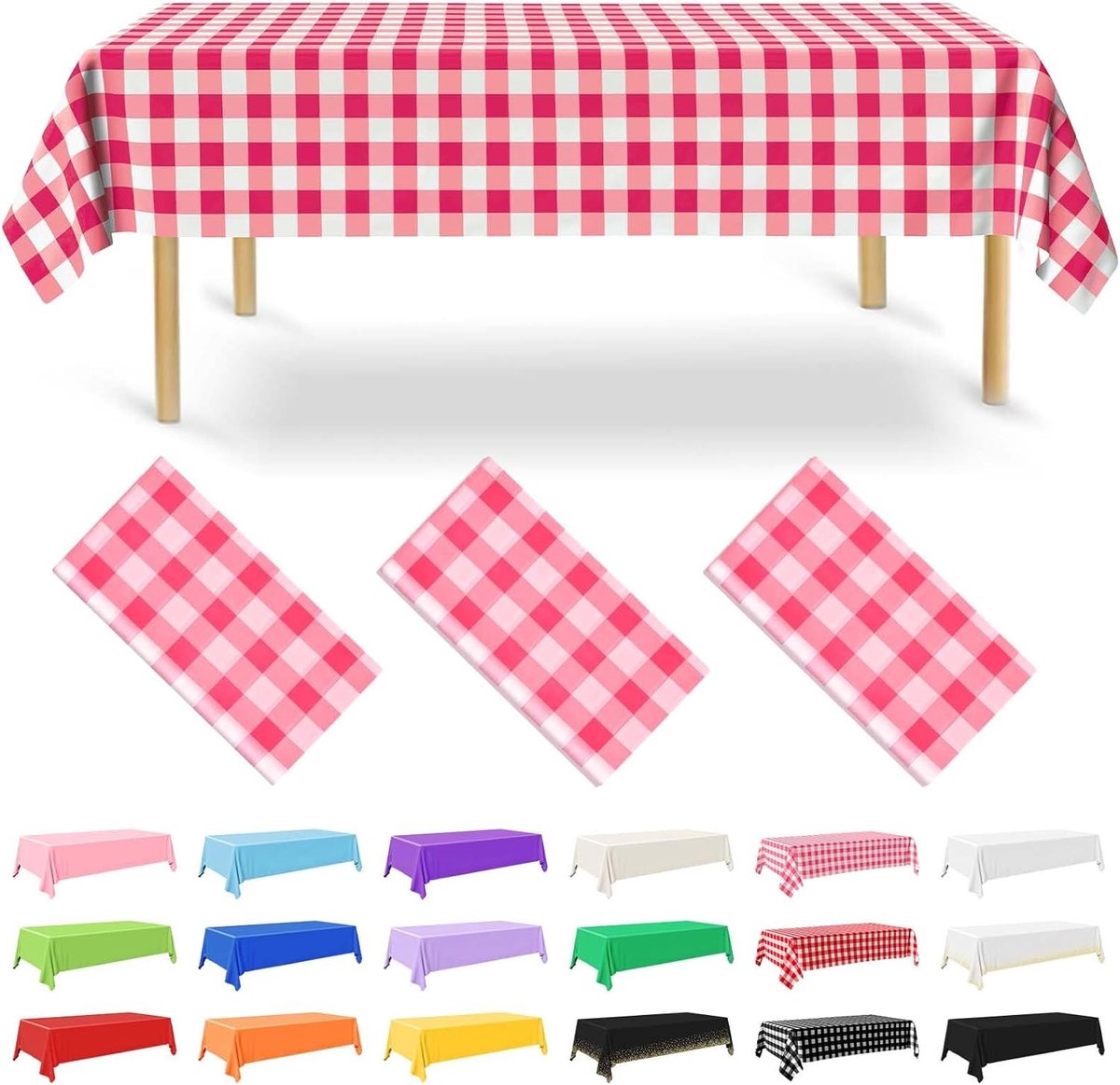 Gingham Roze Wegwerp Tafelkleed Set van 3, 137 x 274 cm, Waterdicht voor Tuinfeesten, Bruiloften en Verjaardagen