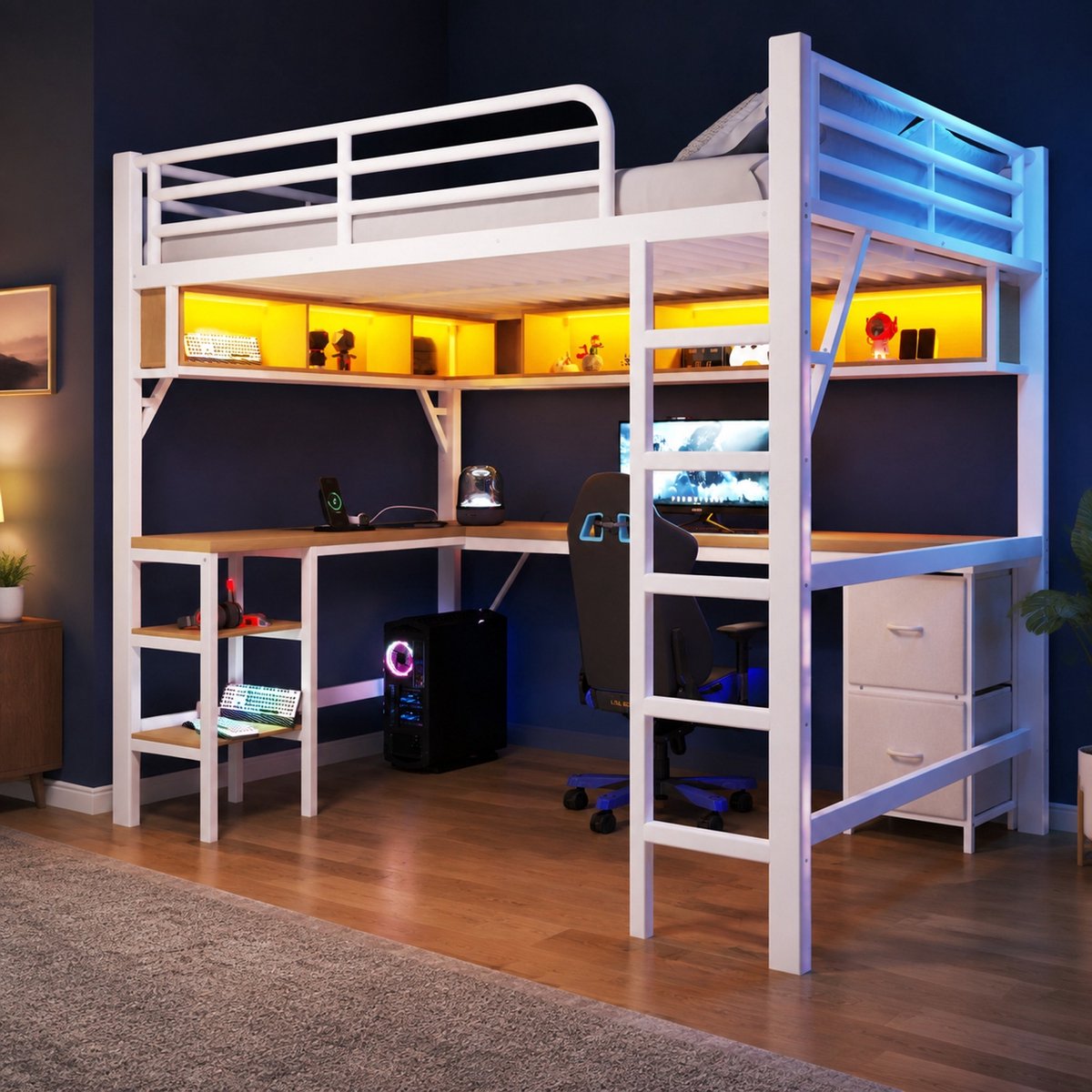 Wishdor Hoogslaper 140x200 cm - Metaal - Bureau, boekenrek en opbergruimte - LED-verlichting en USB - Wit - 204 x 145 x 180 cm