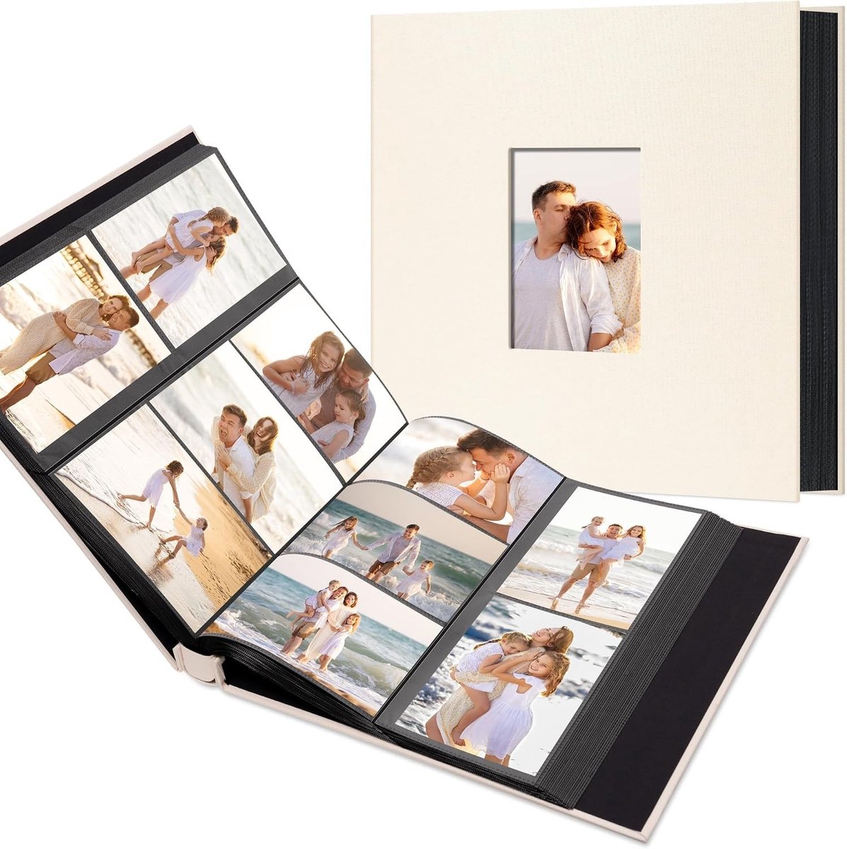 Fotoboek 10 x 15 cm met 600 vakken, linnen omslag en gepersonaliseerd venster, zwarte pagina's voor herinneringen, beige kleur