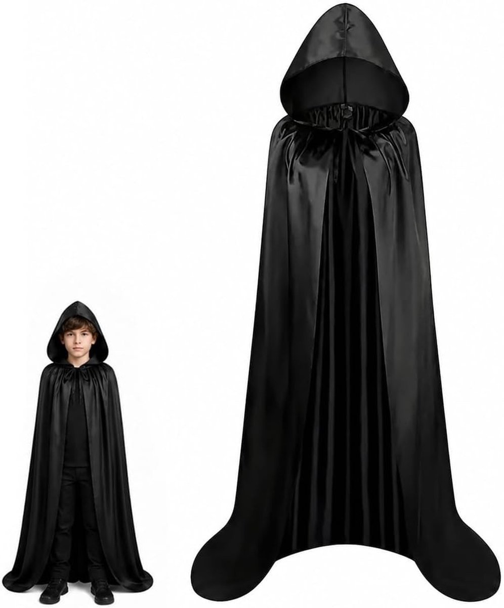 Zwarte satijnen cape met capuchon voor volwassenen - Perfect voor Halloween, maskerade en kerstfeesten