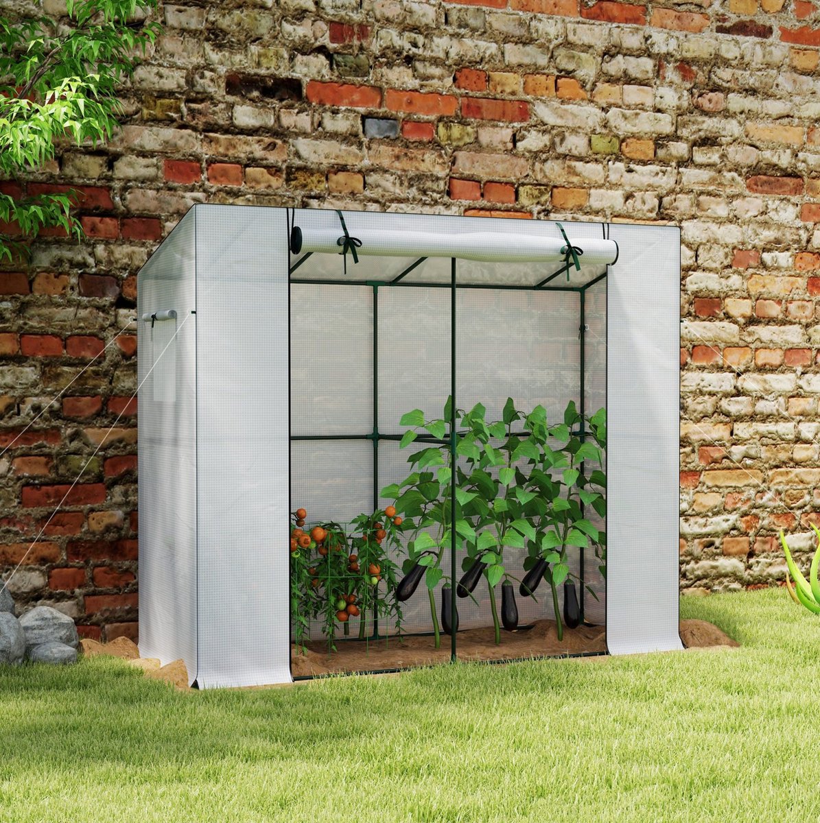 REDOM - Muurkas - Foliekas met roldeur en 2 ramen - UV-bestendige afdekking - Stalen frame - Voor balkon en tuin - Wit - 200 x 76 x 170 cm