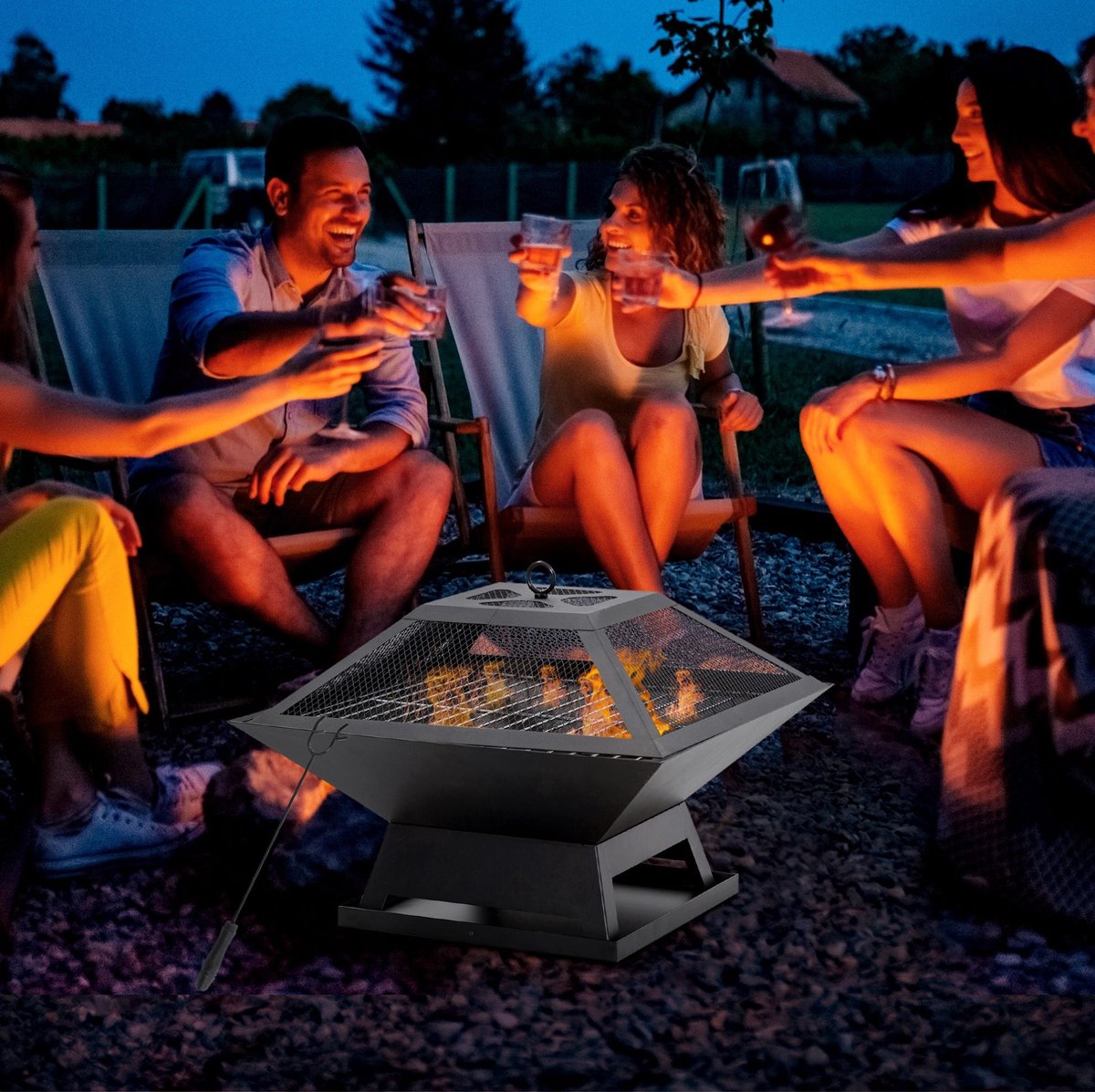 REDOM- Vuurschaal met grillrooster en vonkenvanger - Met schürhaak - Compacte metalen constructie - Voor tuin en camping - Staal - Zwart - 45 x 45 x 34 cm