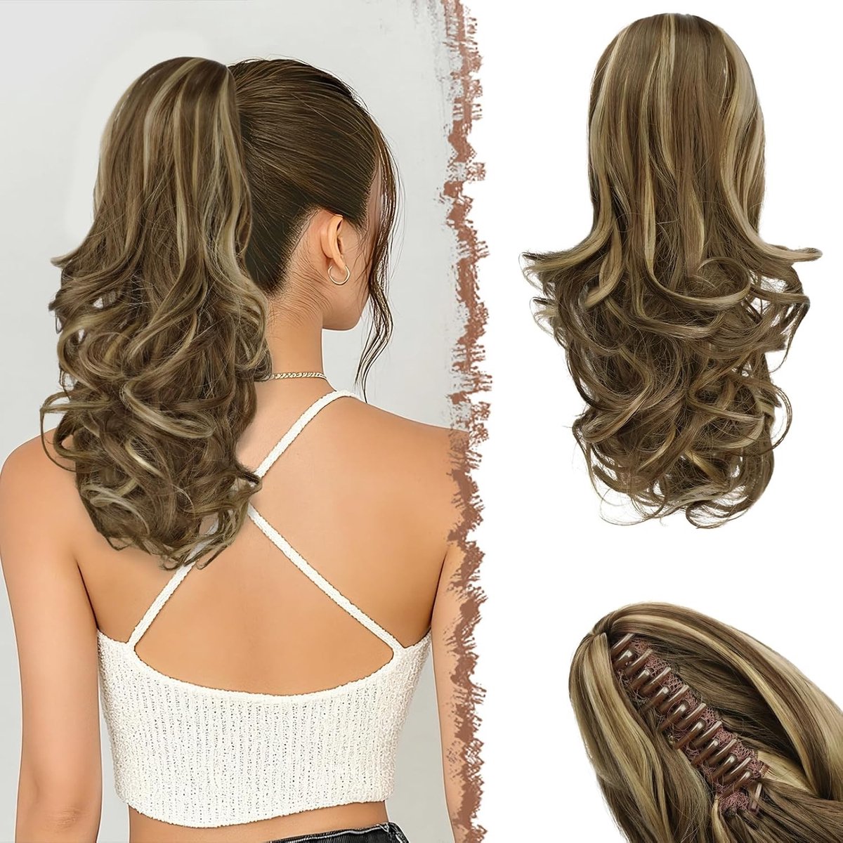 Ponytail Extensions met Claw, 35cm Lichtbruin & Blond Krullend Haarstuk voor Vrouwen - Perfect voor Een Snelle Haarstijl en Volumineuze Look