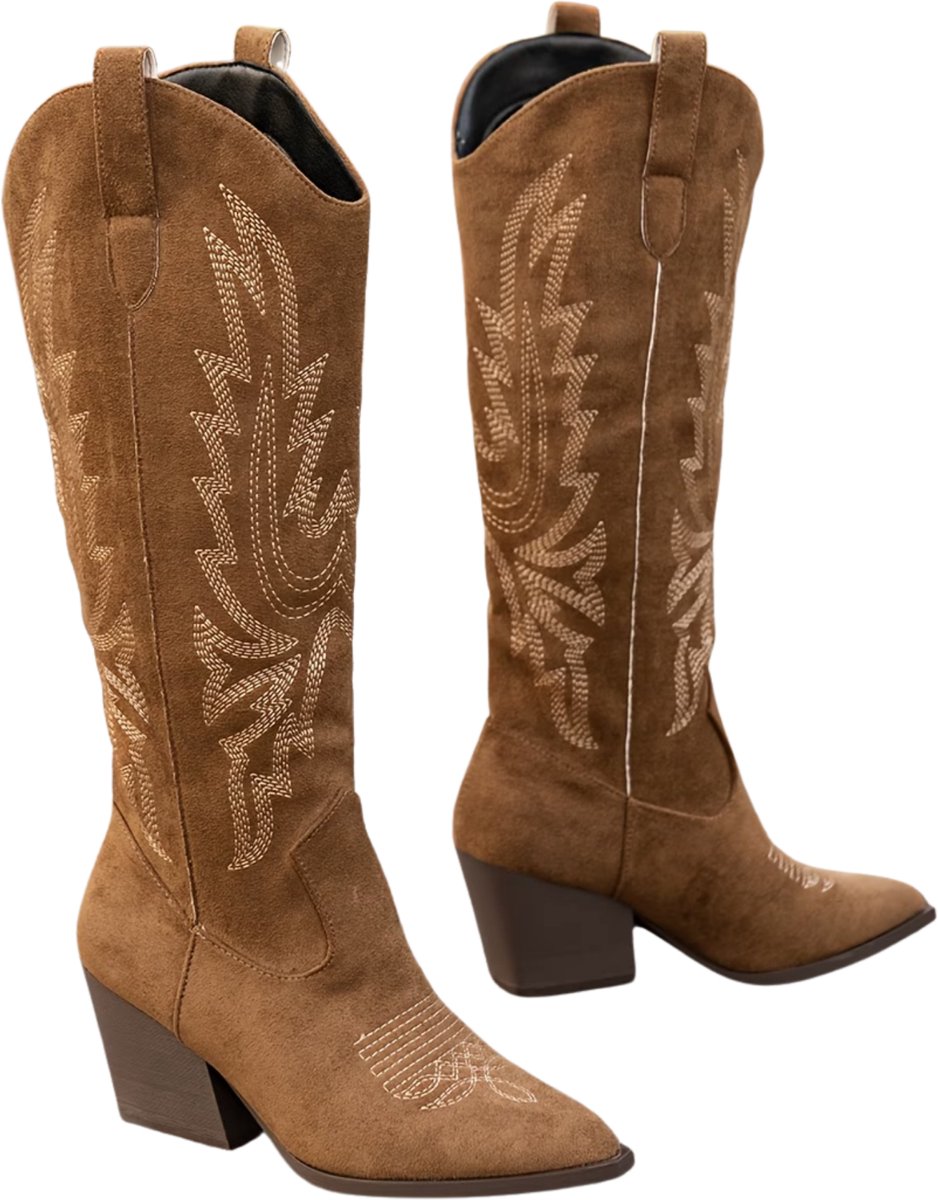 Currero Dames Cowboy Laarzen Hoge Hak Enkellaarzen Kniehoge Western Boots Chelsea Donkerbruin 37 5